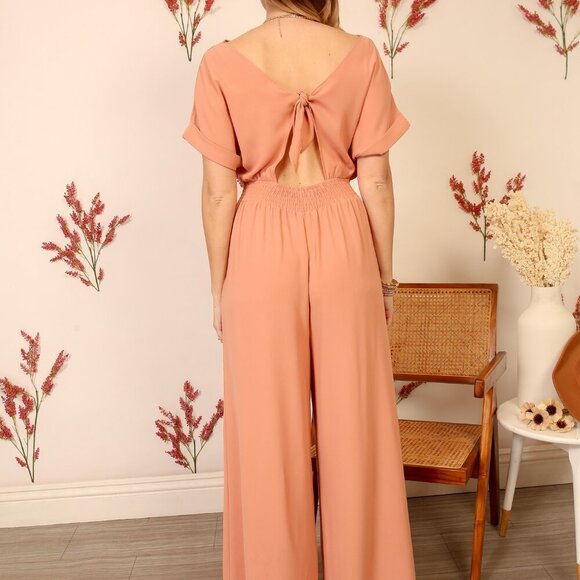 LUMIERE Peach Wide-Leg Jumpsuit with Open Back Tie, Elegant One-Piece Outfit - Picture 2 of 6